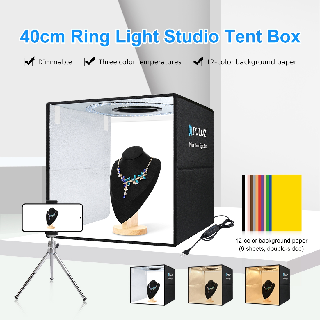 Photography Kit Pro - PULUZ กล่องถ่ายภาพแบบพับได้ขนาด 40 ซม. พร้อมไฟวงแหวนแบบพกพา USB