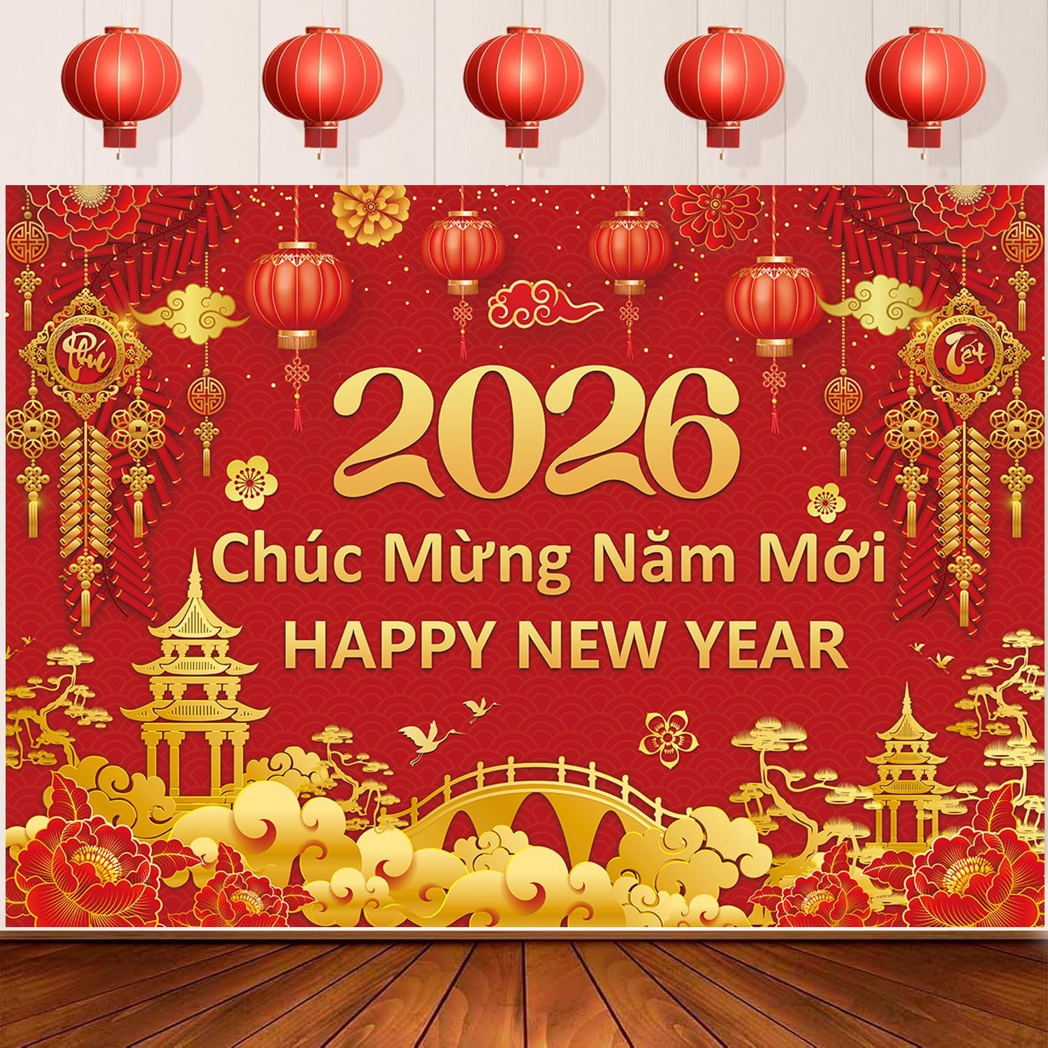 Photography Vietnam - ฉากหลังตรุษจีนเวียดนาม 2026 พื้นหลังถ่ายภาพปีใหม่ทางจันทรคติสำหรับงานเทศกาลฤดูใบไม้ผลิของเวียดนาม ป้ายตกแต่งงานปาร์ตี้